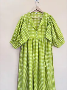 Women's Green Handprint Cotton Midi <b>Dress</b> With Tie-Neck And Short Puff Sleeve <b>Boho</b> <b>Summer</b> <b>Dress</b> - Product Image 3