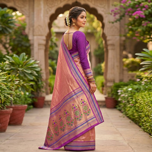 Sari de Seda en Tono Melocotón con Brillo Sutil y Detalles Tejidos Intrincados, Elegante Prenda Étnica para Fiestas y Ocasiones Especiales para Mujer - Product Image 2