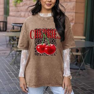Camisetas con Estampado de Cerezas para Mujer, Camiseta Vintage con Estampado de Leopardo y Fruta de Cereza, Lavado Ácido, Cuello Redondo, Estilo Urbano - Product Image 4
