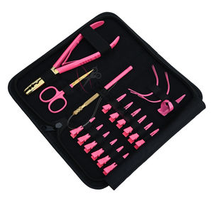 Professional <b>Pink</b> Stylist hair Extension <b>Kit</b> with 2 Hole Bead Crimping Plier Threading Loop Hook Mini Scissors & Duckbill Clips - Product Image 1