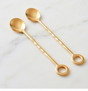 Cuillères à thé en laiton doré avec poignées en anneau, design minimaliste, finition miroir haute brillance, compatibles lave-vaisselle, ensemble de couverts pour usage domestique - Product Image 2