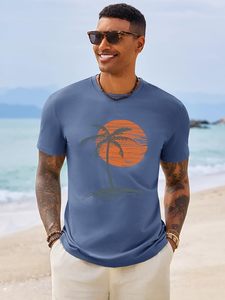 T-shirt à manches courtes bleu pour homme avec imprimé Forêt au coucher du soleil, col rond décontracté, coupe classique, en jersey de coton - Product Image 2