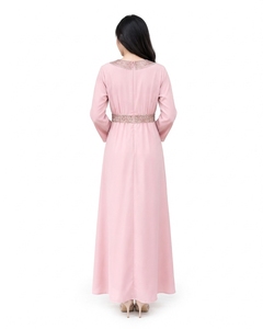 Robe Abaya élégante pour femmes à manches longues, broderie, col en V, tissu Abaya Caftan, robe de soirée décontractée, couleur rose unie - Product Image 4