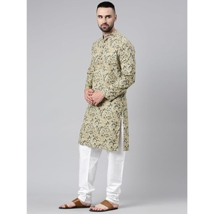 Kurta Larga para Hombre, Corte Regular, Cuello Mandarín, Estampado con Motivos Étnicos, Algodón - Product Image 3