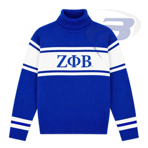 Pull à col roulé bleu royal Zeta Phi Beta Sorority avec rayures blanches et logo brodé, style preppy, pull d'hiver pour femmes - Product Image 1