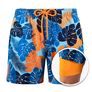 Shorts de bain tricotés pour hommes à imprimé feuilles tropicales, séchage rapide, cordon de serrage, taille mi-haute, décontractés, 100 % polyester - Product Image 5