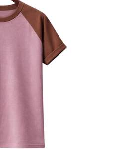 T-shirt en jersey raglan pour homme, col rond, manches courtes, rose et marron bicolore, décontracté, été, uni, tricoté, logo personnalisé - Product Image 4