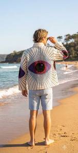 Chaqueta de terciopelo bordada con ojos, de manga larga, cuello mandarín, estilo vacaciones de verano, ecológica, tejida, transpirable, abierta, para invierno y playa. - Product Image 3