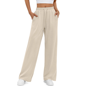 Pantalones de punto de cintura media para mujer, de pierna ancha, color liso, ajuste holgado, largos, con cordón, para otoño e invierno, estilo casual, ODM - Product Image 3