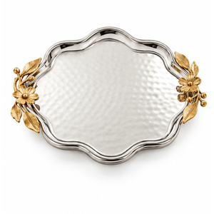 Plateau de service rond de luxe en acier inoxydable martelé avec poignées en forme de branche florale dorée, plateau décoratif en métal pour ottoman et fruits, vente en gros - Product Image 5