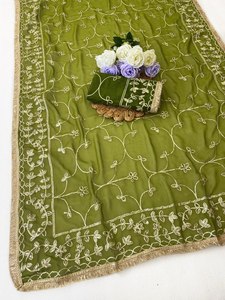 Georgette <b>Saree</b> Gold Embroidery Border for Women Wedding Wear Indian Pakistani Traditional Floor-Length Quick Dry All Seasons - Product Image 3