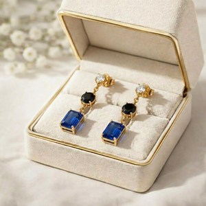 Sapphire Rectangle & Black Obsidian Round Drop <b>Earrings</b> Elegant Minimalist Gemstone Dangle <b>Stud</b> <b>Earrings</b> Handmade Jewelry Gift - Product Image 5
