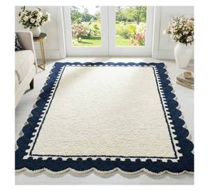 Tapis en laine tufté à la main, blanc et bleu marine foncé, bordure festonnée, tapis d'intérieur, tapis pour animaux de compagnie - Product Image 2