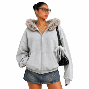 Premium Women's Faux Fur Hoodies Heavy Cotton Fleece Full Zip Oversized Drop Shoulder Winter Casual Custom Logo Factory Direct - Product Image 1