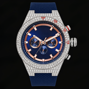 Montre chronographe bleu or rose avec lunette en cristal, montre de luxe sportive et élégante, cadeau idéal pour homme - Product Image 1