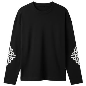 T-shirt à manches longues en coton noir gaufré pour homme avec emblème imprimé, col rond, style décontracté streetwear, haut tendance - Product Image 1