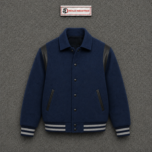Blouson universitaire bleu marine élégant pour homme, épaules en cuir et poignets côtelés, style preppy, coupe classique, col rabattu, simple boutonnage - Product Image 6