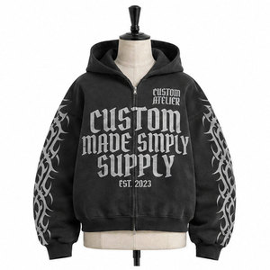 Sudadera con capucha y cremallera personalizada para hombre, estilo oversize, streetwear, de algodón negro, felpa francesa, con estampado frontal, para otoño, vintage, lavada. - Product Image 2