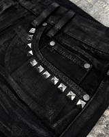 Jean en denim tendance pour homme, personnalisé, de créateur, coupe skinny, clouté, déchiré, effet vieilli, ciré, coupe cloche, coupe bootcut, évasé, baggy, empilé