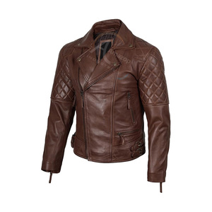 Men's <b>Brown</b> Genuine <b>Leather</b> Biker <b>Jacket</b> With Zipper Closure And Quilted Design Slim Fit Moto Style Autumn Wear - Product Image 4