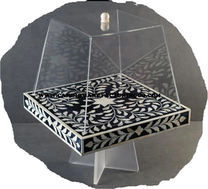 Luxury Handmade Black White Bone Inlay <b>Resin</b> Serving Tray With <b>Clear</b> Acrylic Lid For Restaurant And Home Decorative Tray - Product Image 1