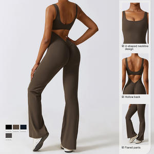 Mono deportivo cálido de manga larga para mujer, enterizo elástico de yoga de una pieza con pantalones acampanados, conjuntos informales - Product Image 2