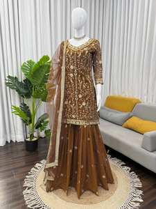 Sharara pour femme, artisanal, moderne, ethnique, en faux georgette lourde et pailletée, fluide, pour Diwali, mariage, fête, été, hiver, toutes saisons - Product Image 4