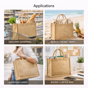 Bolsa de Compras de Yute Natural Ecológica Premium, Interior Laminado, Reutilizable, Biodegradable, Impresa con Serigrafía, para Compras, Playa - Product Image 5