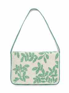 Handmade Glass Beaded Floral Shoulder Bag with Digital Printing Customized Shape Green Leaves White Base Crafted with Care - Product Image 1