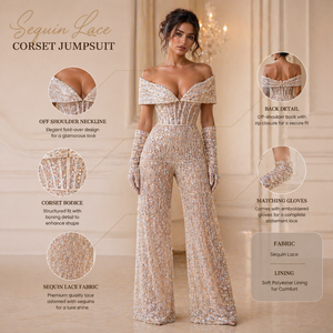 Mono de lentejuelas de lujo con hombros descubiertos |   Vestido de Fiesta Elegante con Lentejuelas y Pierna Ancha, Estilo Corsé, para Cóctel, Boda o Evento Formal - Product Image 5
