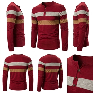 Mens Wine Red Henley Shirt Long Sleeve Color Block T Shirts Fashion Striped Cut Sew Cotton Knit Casual Pullover Tee Shirts Slim - Product Image 4