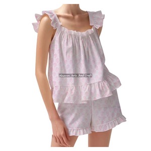 Ensemble de pyjama à manches courtes Boho Hippie à volants pour femmes ensemble de pyjama coton indien printemps/été Floral ajusté à bretelles à volants garniture manches PJ ensemble - Product Image 1