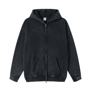 Sudadera con capucha de algodón en blanco, de calidad premium, personalizada, con lavado ácido, bordado, efecto desgastado, con cremallera completa y lavado vintage. - Product Image 6