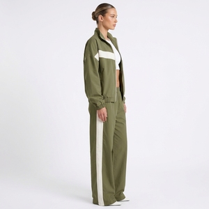 Ensemble de survêtement 2 pièces pour femme, vert olive, veste zippée sportive, pantalon large, couleur unie, bande latérale, coupe ample, toutes saisons - Product Image 2