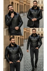 Veste bomber en cuir véritable noir pour homme, col en fausse fourrure amovible - Product Image 3