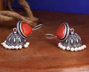 Oxidized <b>Silver</b> <b>Earrings</b> Orange Gemstone Indian Jhumka <b>Earrings</b> for Women - Product Image 5