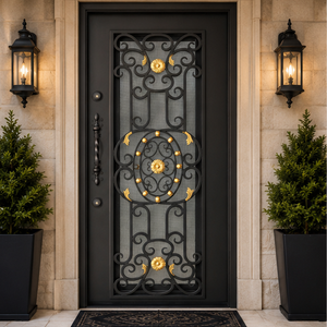 Puerta de Entrada de Hierro Forjado Negra y Dorada de Lujo, Puerta de Seguridad Metálica Decorativa con Vidrio Esmerilado, Diseño Personalizado para Puerta Principal de Villa - Product Image 2