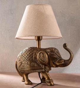 Bronze Elephant Table Lamp with Beige Linen Empire Shade Warm White <b>Light</b> Asian Decorative Style for Living Room - Product Image 2