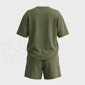 Conjunto Casual de 2 Piezas para Mujer en Verde Oliva, Camiseta de Manga Corta con Cuello Redondo y Pantalones Cortos de Punto por Encima de la Rodilla, Corte Holgado, Primavera - Product Image 2