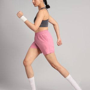 Shorts en toile tricotée rose uni pour femme, taille haute, avec cordon de serrage, coupe régulière, respirant, style sportif, avec poches - Product Image 3
