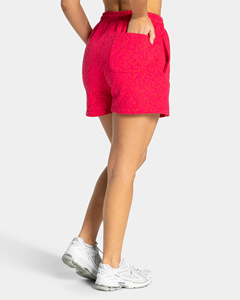 Shorts longs pour femme en tissu French Terry de qualité supérieure, imprimé soie, logo personnalisé, imprimé léopard rouge avec passepoil. - Product Image 2
