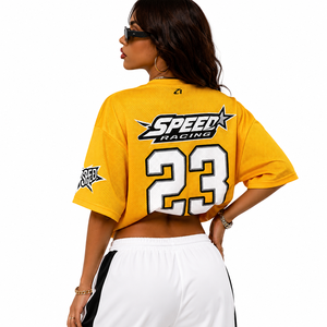 Camiseta de fútbol americano oversize de malla personalizada para mujer, estilo streetwear, cuello en V, uniforme de equipo, producción de números personalizados - Product Image 2