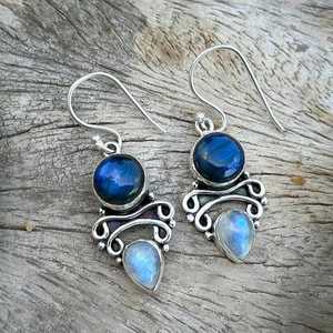 Boucles d'oreilles pendantes bohèmes en labradorite et pierre de lune, argent sterling 925, bijoux artisanaux en pierres précieuses - Product Image 6