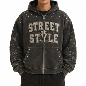 Sweat à capuche oversize noir unisexe avec fermeture éclair, style streetwear, en coton molletonné épais délavé à l'acide, imprimé graphique, capuche double couche - Product Image 3