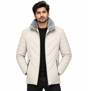 Veste matelassée beige pour homme avec col montant en fausse fourrure, fermeture éclair, coupe-vent, manteau d'hiver - Product Image 4