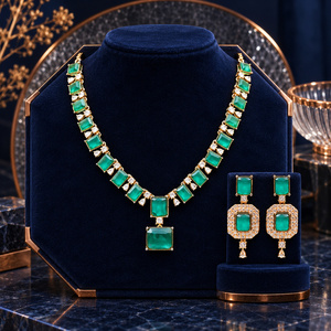 Wholesale Green Rectangle Stone Necklace Earrings Set Gold Tone Bulk Custom Jewelry Design - Product Image 5
