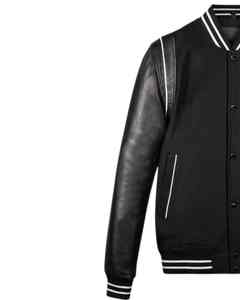 แจ็คเก็ตวาร์ซิตี้ชายคุณภาพดีที่สุด ตัวเสื้อทำจากผ้าขนสัตว์สีดำ แขนหนังสีดำ คอเสื้อแบบริบแถบสีขาว แจ็คเก็ตบอมเบอร์สไตล์วิทยาลัย มีจำหน่ายแล้ว - Product Image 5