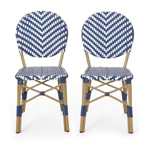 Set di 2 Sedie da Bistrot Senza Braccioli in Alluminio e Rattan PE con Finitura Effetto Bambù Blu Navy per Esterni - Product Image 2
