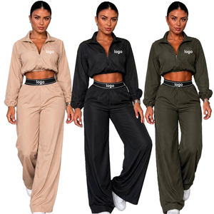 Ensemble de survêtement 2 pièces pour femme, haut à manches courtes semi-zippé, pantalon large, couleur unie, coupe décontractée, respirant et léger - Product Image 1