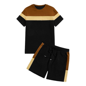 Conjunto de camiseta y pantalones cortos de verano para hombre, con bloques de color, cuello redondo, transpirable, de punto, poliéster y algodón, ropa deportiva. - Product Image 5